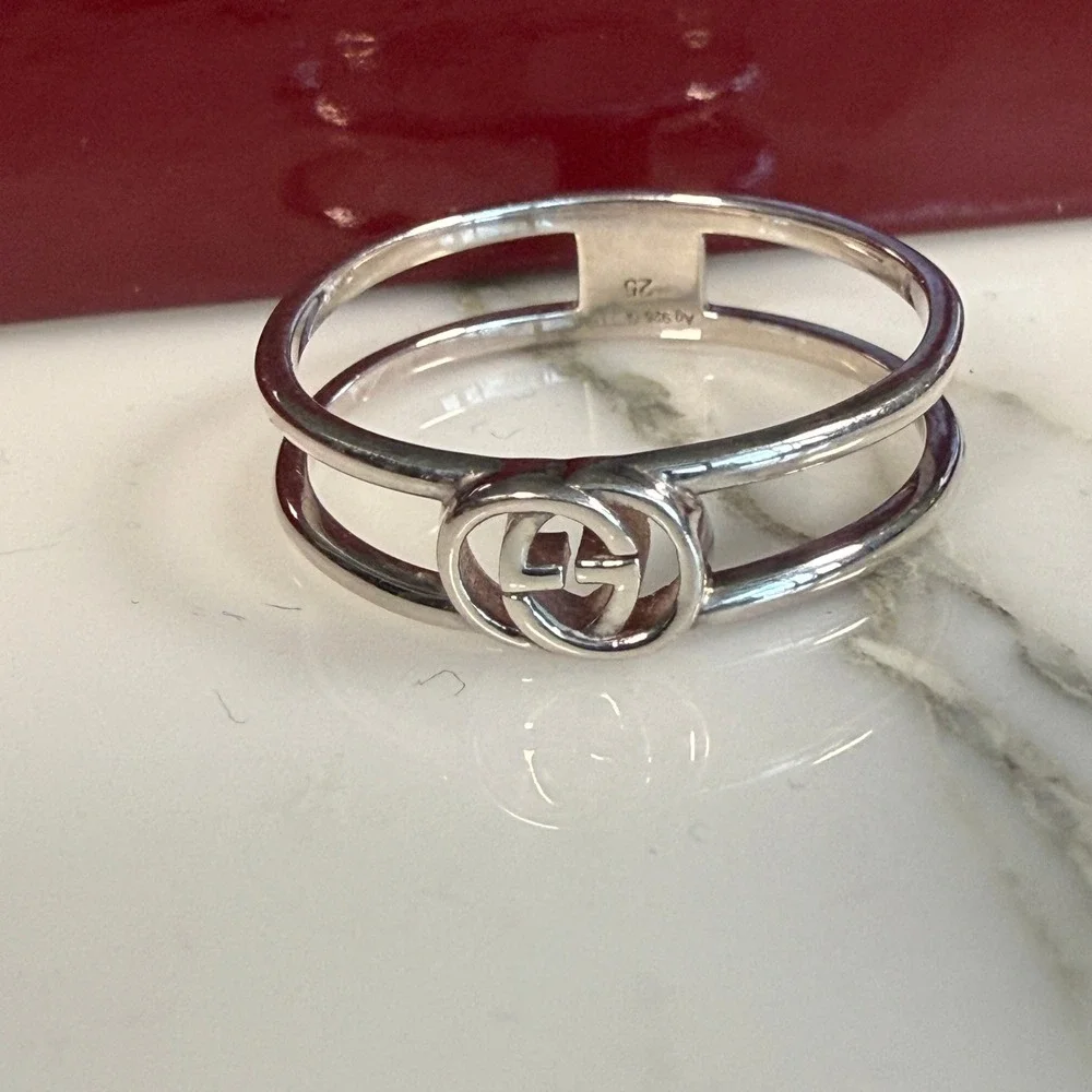 Gucci 298036 Interlocking-G Sterling Silver Open Ring, Size 25